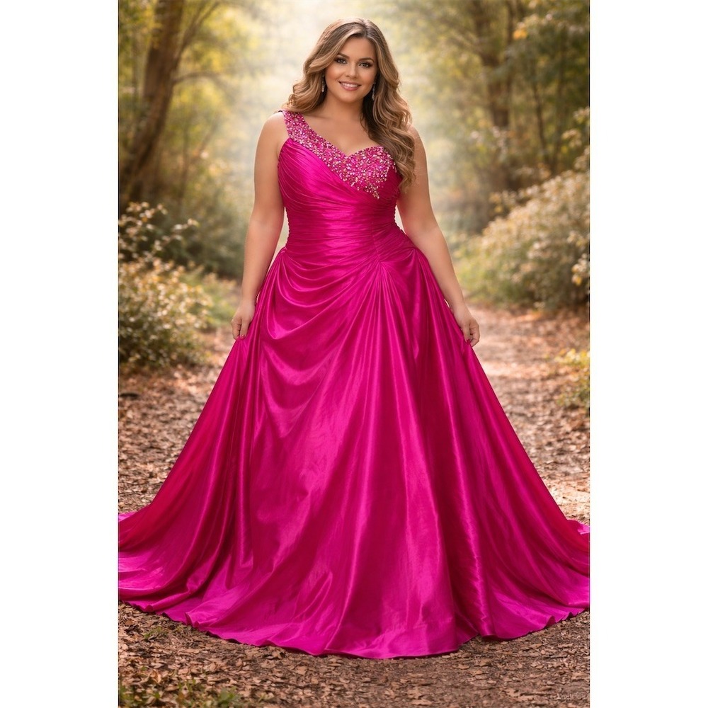 Anny Lee Ball Gown Womens XXL Pink One Shoulder Long Rhinestone Bead ruched hoco